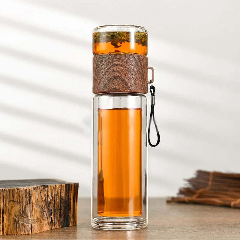 BowLift | Thermos Bottle with Tea Filter – Glass & Wood – Double-Walled – 500 ml – ClearTherm
