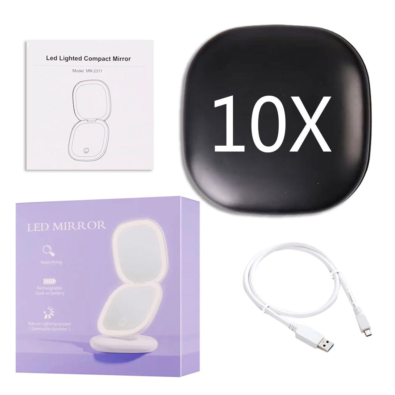 BowLift | Mini LED 10x Magnification Cosmetic Mirror with Various Light Settings, USB Rechargeable