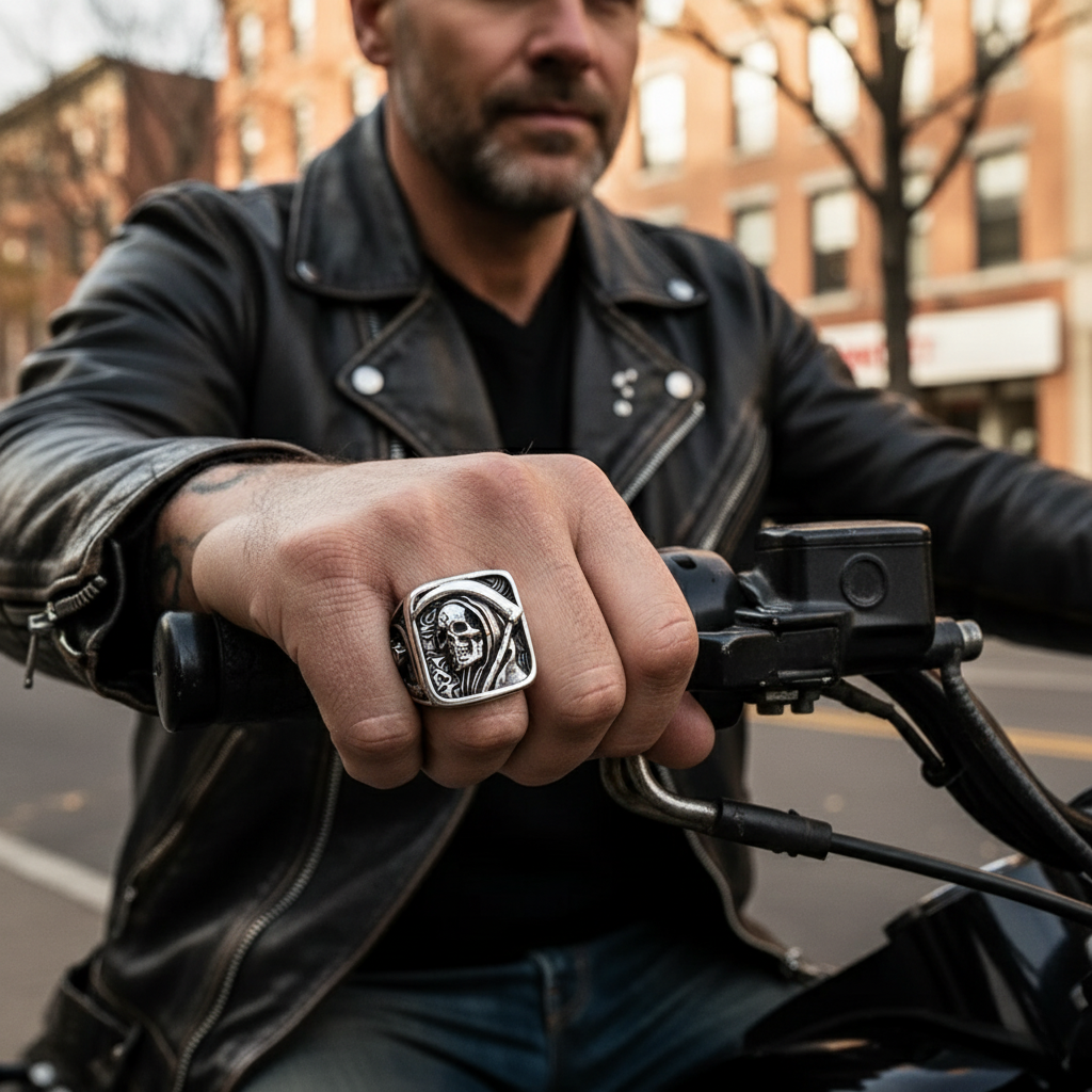 BowLift | Grim Reaper Skull Ring for Men, Stainless Steel Punk Biker Jewelry