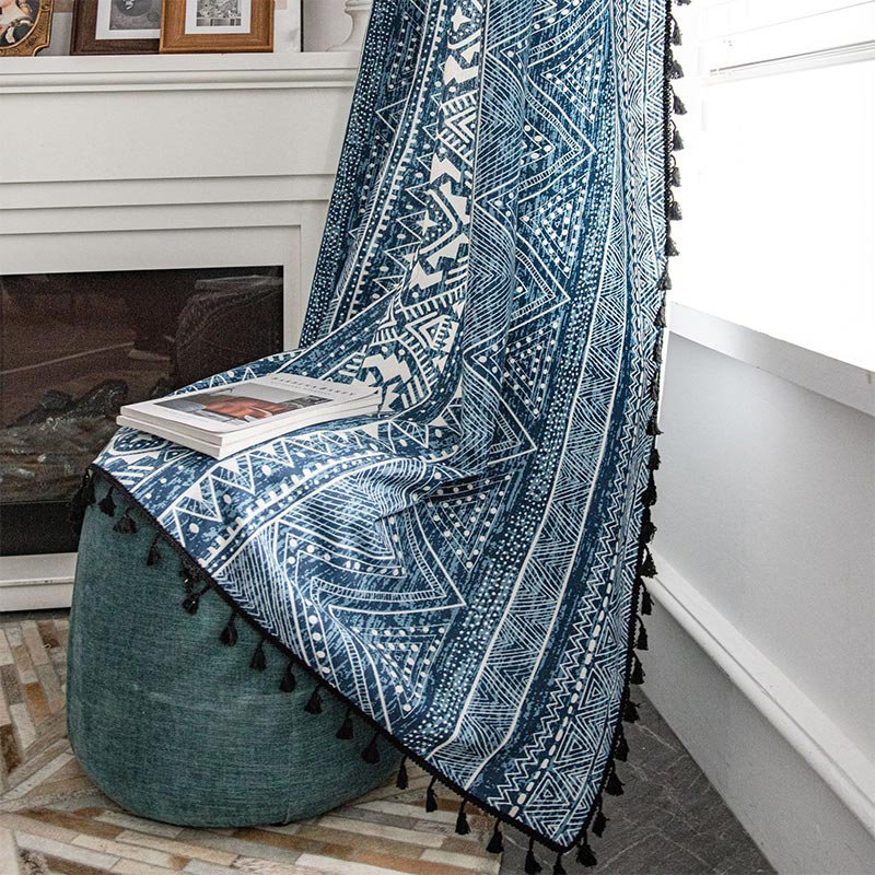 BowLift | Blue geometric pattern light-filtering curtain