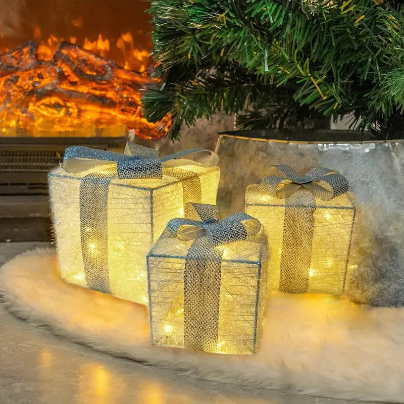 BowLift | GlowBox LED Gift Boxes – Set of 3 Illuminated Christmas Gifts for Indoor and Outdoor