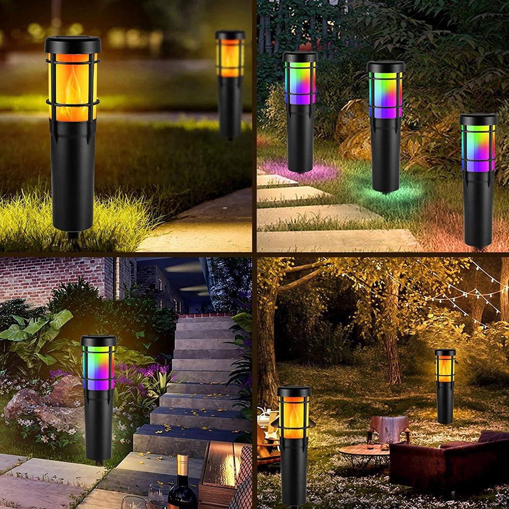 BowLift | Solar Path Lights for Outdoor Use, with Flickering Flame and RGB Color Changing, LED Solar Outdoor Lights for Yard, Garden, Path, Lawn - IP65 Waterproof