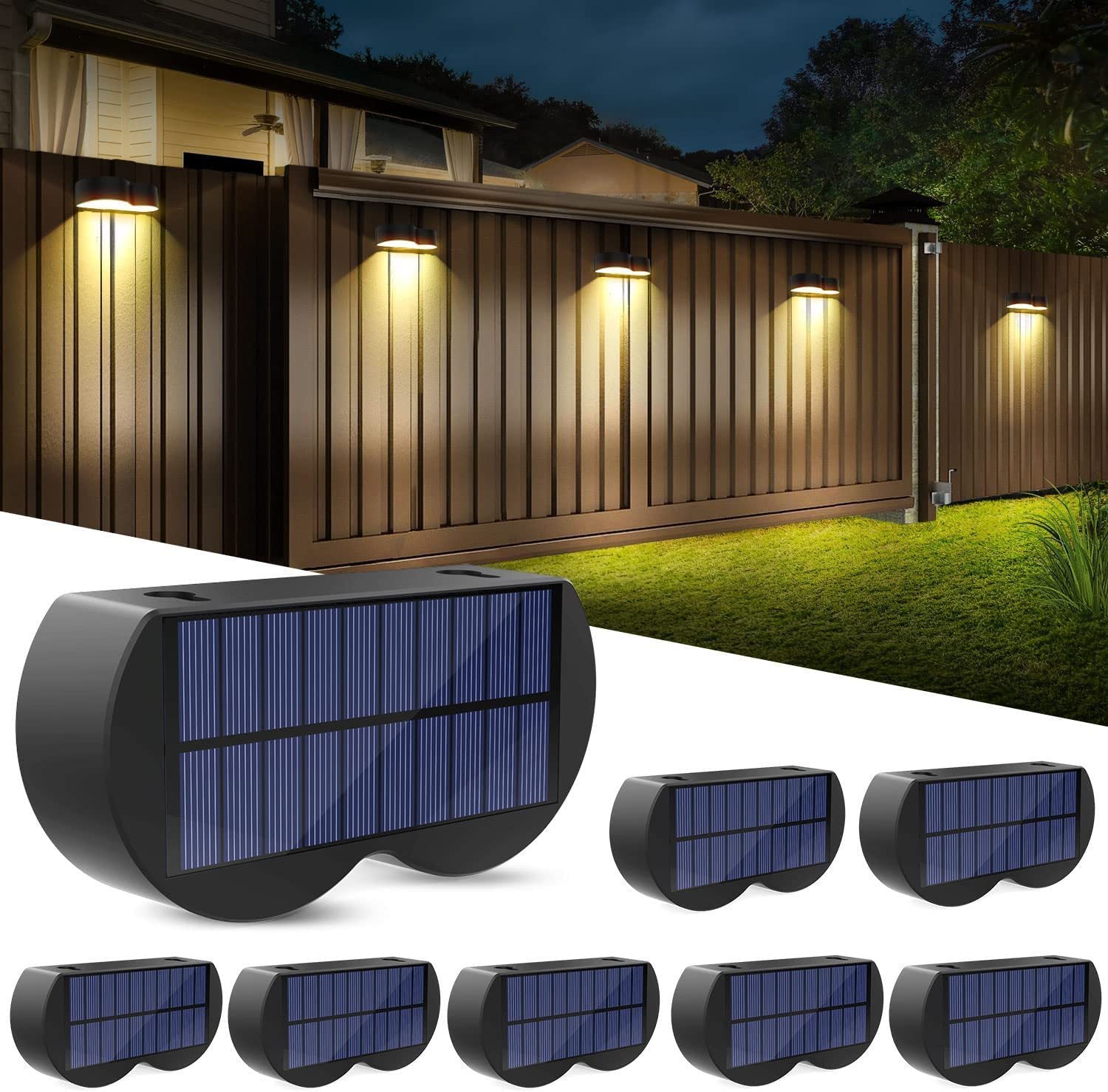 BowLift | Solar fence lights outdoor wall lights Waterproof IP65, Warm white & RGB 8 specific fixed colors for fence wall step deck patio