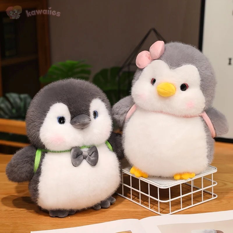 BowLift | Fluffy Gray Penguin Plushie with Turtle Backpack