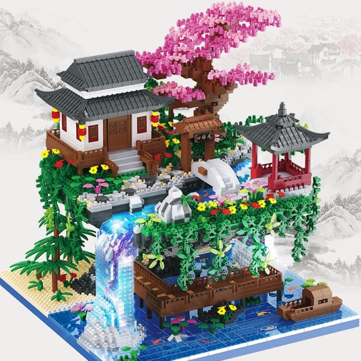 BowLift | Waterfall Japanese House Sakura Tree Floating Island Nano Building Blocks | Limited Stock