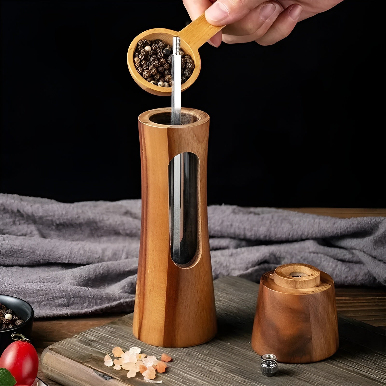 BowLift | SpiceCraft Manual Salt and Pepper Mill Set – Wooden Design with Acrylic Window Adjustable Grind Levels