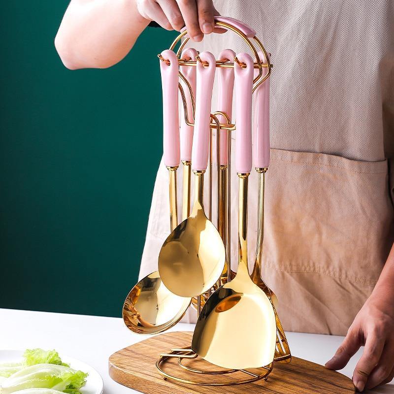 BowLift | Golden Kitchen Utensils with Stand