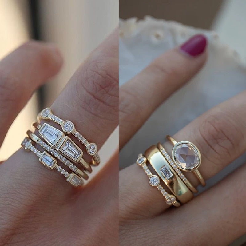 BowLift | Geometric Gold Color Combination Round Zircon Crystal Rings Set