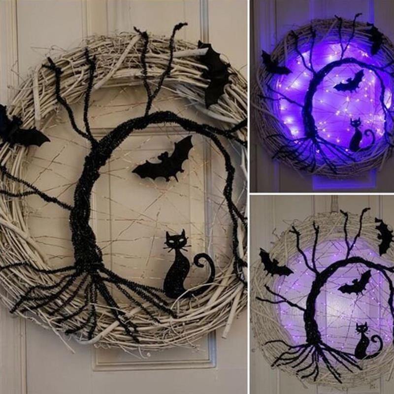 BowLift | Black Bat Cat Halloween Door Wreath Led Light