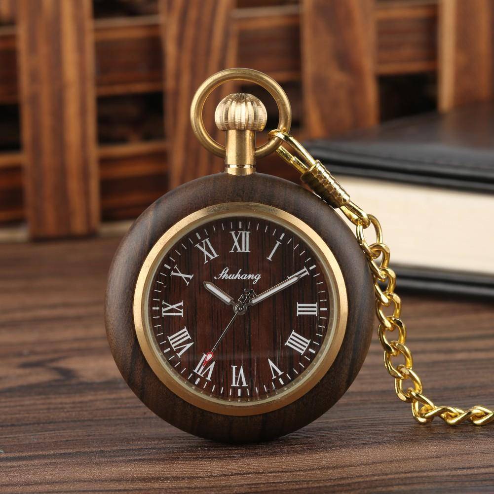 BowLift | Mens Bamboo Case Pocket Watch - Wooden Dial Simple and Fashionable