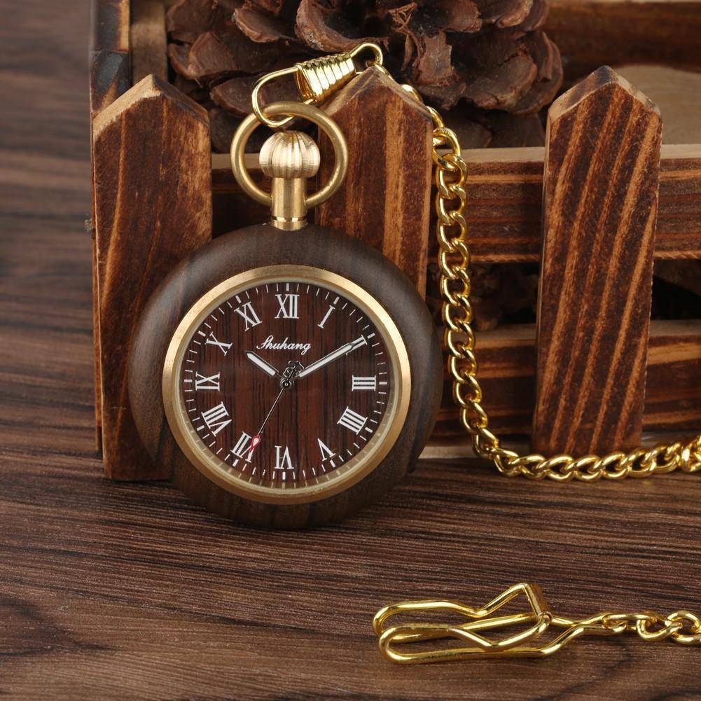 BowLift | Mens Bamboo Case Pocket Watch - Wooden Dial Simple and Fashionable