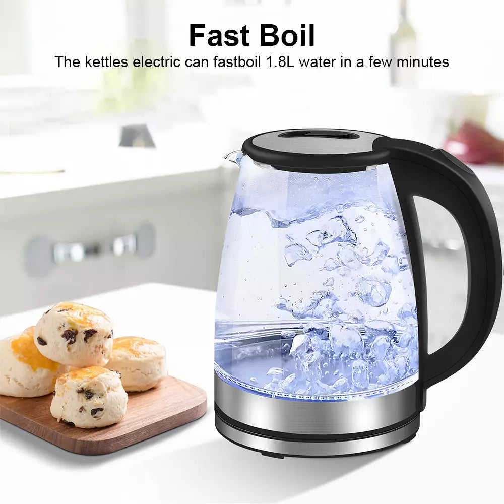 BowLift | Electric Kettle | 1.8L, 3000W, Rapid Boil, Auto Shut-Off & Borosilicate Glass for Tea, Coffee & Instant Meals