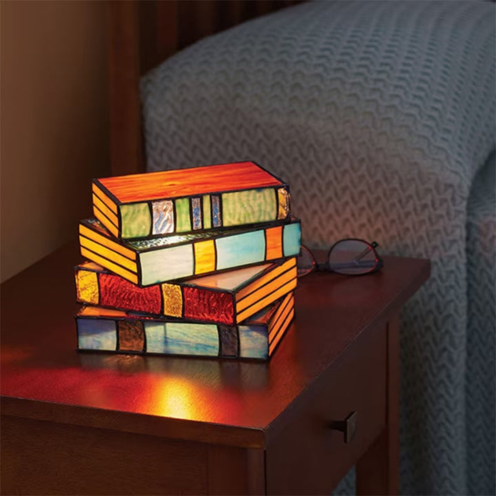 Lamp made of stacked books from stained glass | Bowlift