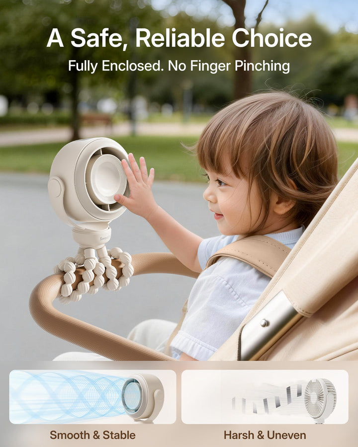 Portable Stroller Fan, Pinch-Proof Baby Fan, 10H Battery, 5-Speed | Bowlift