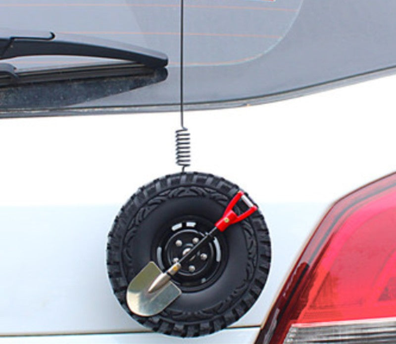 BowLift | Car Decoration Gadgets, with Mini Simulation Spare Tire, Shovel, Antenna & Base, Compatible with Vehicles of All Makes and Models