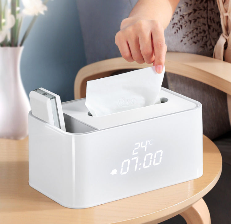 BowLift | Multi-Function Smart Electronic Alarm Clock Tissue Box, with Indoor Thermometer and Sound Control Design, Suitable for Bedroom, Living Room, Kitchen & Office