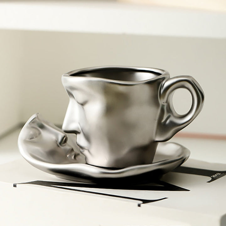 Metal Touching Face Creative Ceramic Kiss Coffee Cup, Artistic Vibe Mug & Saucer Set | Bowlift