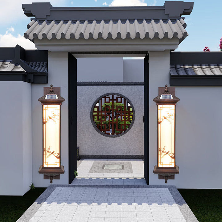 Traditional Chinese Rectangular Aluminum Glass Solar LED Wall Sconce Lamp For Garden | Bowlift