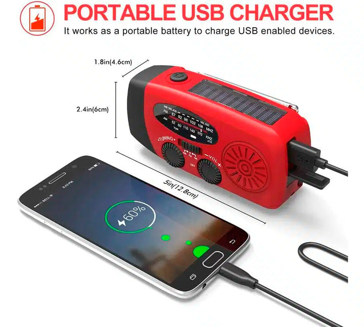 Emergency radio FM/AM with integrated solar cells, flashlight, power bank & hand crank | Bowlift