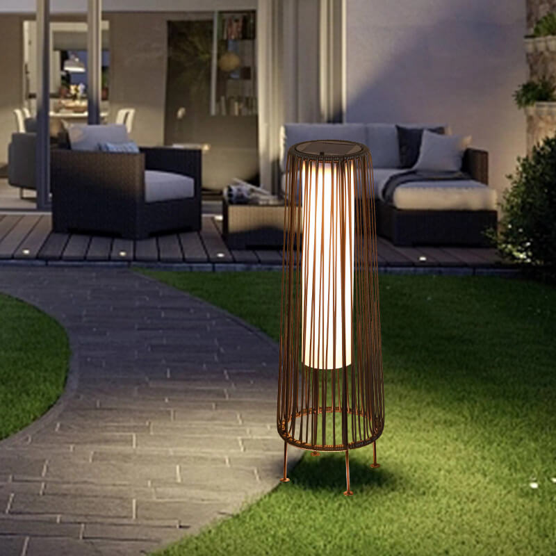 Modern Shabby Chic Solar Round Trapezoidal Iron Rattan Wicker LED Outdoor Light For Outdoor Patio | Bowlift