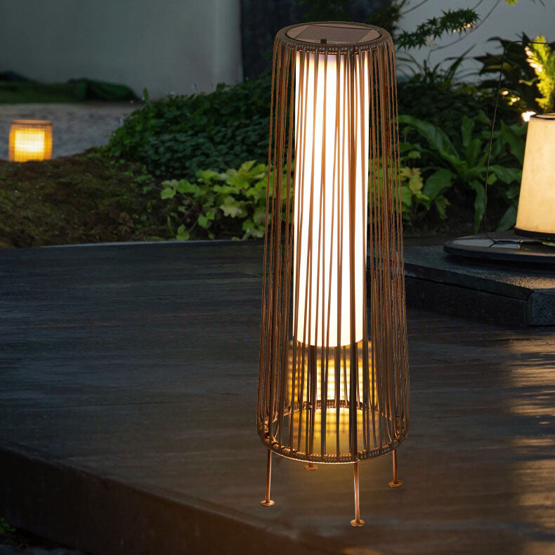 Modern Shabby Chic Solar Round Trapezoidal Iron Rattan Wicker LED Outdoor Light For Outdoor Patio | Bowlift