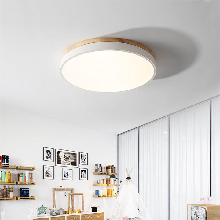 BowLift | Wooden Round Shape Flush Ceiling Light | LED. Solid Wood & Iron for Living Room. Dining Room & Hallway