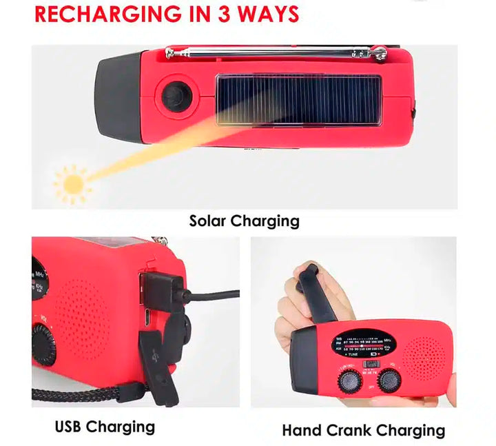 Emergency radio FM/AM with integrated solar cells, flashlight, power bank & hand crank | Bowlift