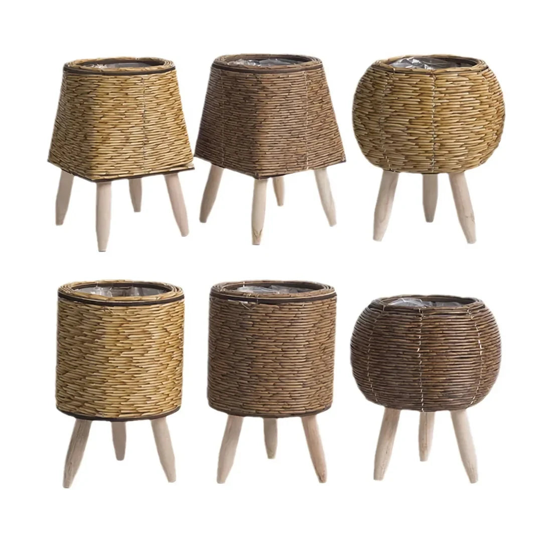 BowLift | Vintage Imitation Rattan Flower Stand with Wooden Legs