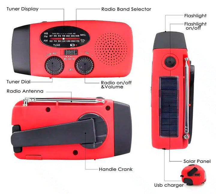 Emergency radio FM/AM with integrated solar cells, flashlight, power bank & hand crank | Bowlift