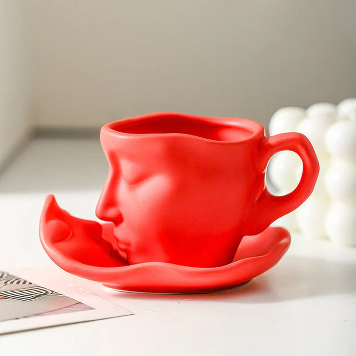 Metal Touching Face Creative Ceramic Kiss Coffee Cup, Artistic Vibe Mug & Saucer Set | Bowlift