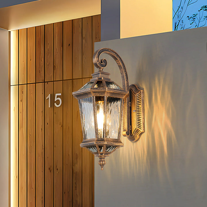 Traditional European Waterproof Aluminum Glass Octagon Cylinder 1-Light Wall Sconce Lamp For Garden | Bowlift