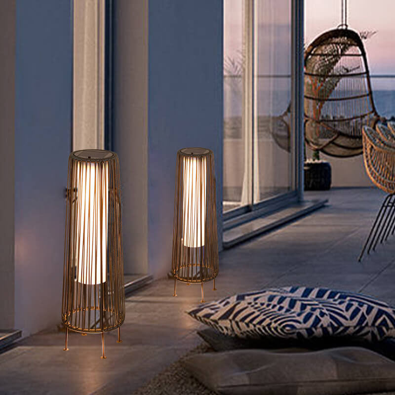 Modern Shabby Chic Solar Round Trapezoidal Iron Rattan Wicker LED Outdoor Light For Outdoor Patio | Bowlift
