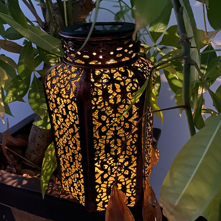 Modern Art Deco Solar Waterproof Hexagonal Lantern Iron LED Outdoor Light For Garden | Bowlift