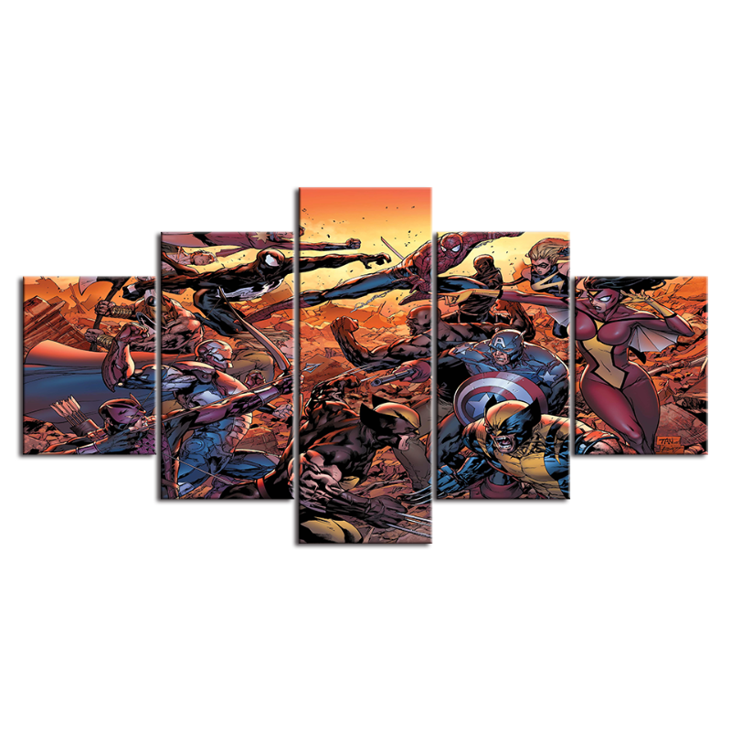 5 Piece Illustrated Epic Battle - Canvas Wall Art Painting | Bowlift