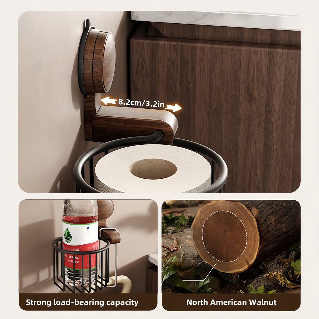 Walnut Wood Toilet Paper Holder – Hole-free with Suction Cup | Bowlift