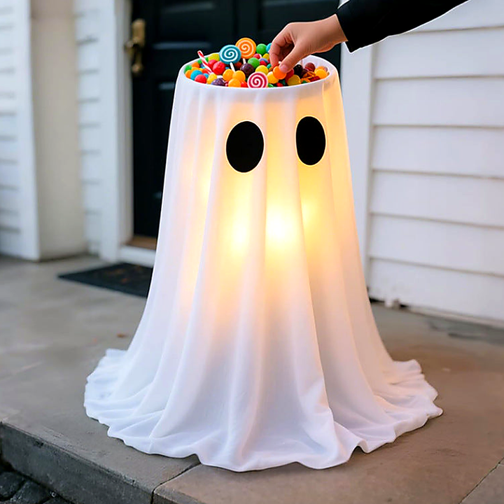 Illuminated Ghost Candy Bowl with Draped Fabric and LED Accent Bowlift