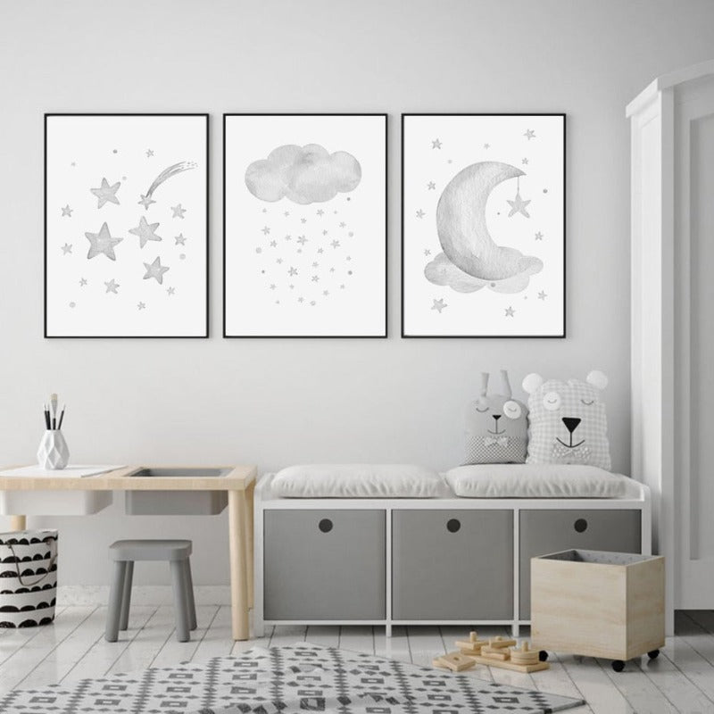 Grey Moon Stars Cloud Nursery - Canvas Wall Art Painting | Bowlift