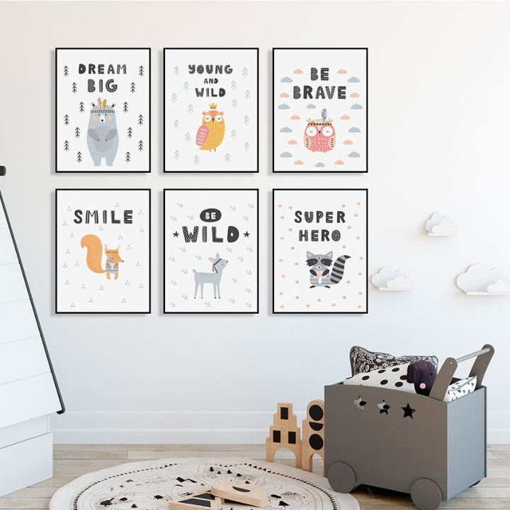 Little Woodland Animals Owl Gox Bear - Canvas Wall Art Painting | Bowlift