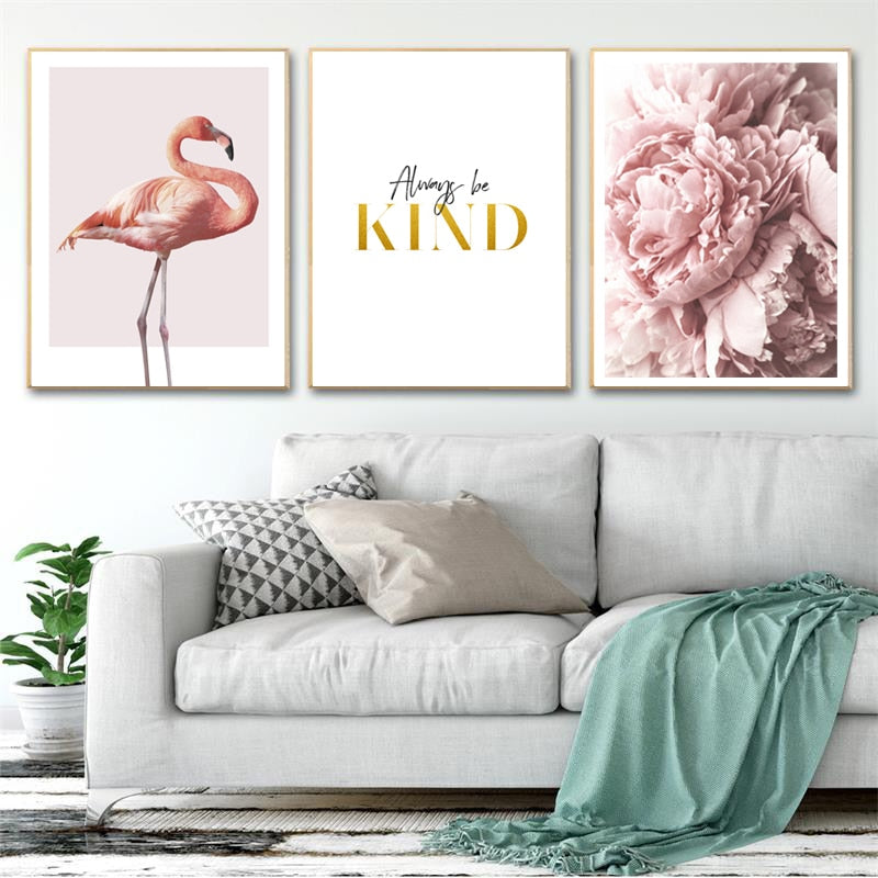 Modern Pink Flamingo Peony Flowers - Canvas Wall Art Painting | Bowlift