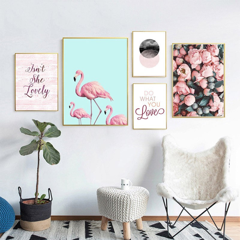 Nordic Warm Pink Flamingo - Canvas Wall Art Painting | Bowlift