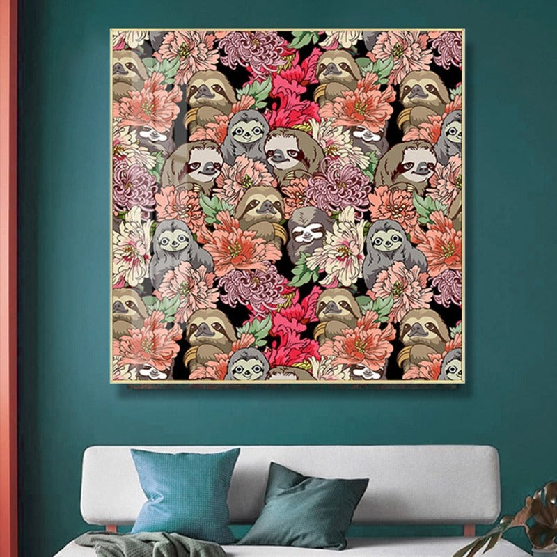 Many Sloths Abstract Animal Plants - Canvas Wall Art Painting | Bowlift
