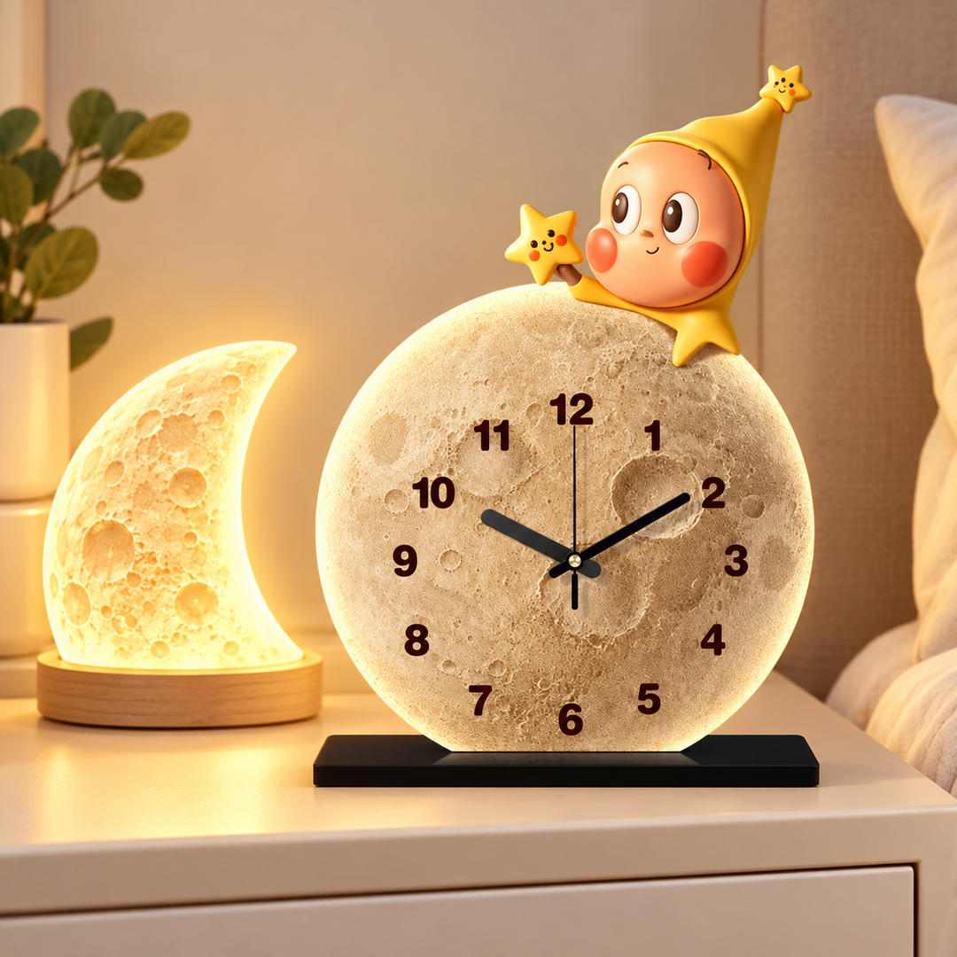 Decorative Moon Table Clock with LED Nightlight and Cute Star Figurine Bowlift