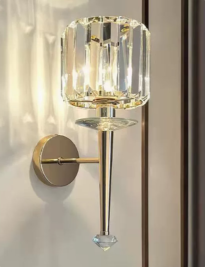 BowLift | 1 Bulb Cylindrical Wall Light Modernist Style Clear Glass Wall Light Sconce with Crystal Decoration in Chrome Finish