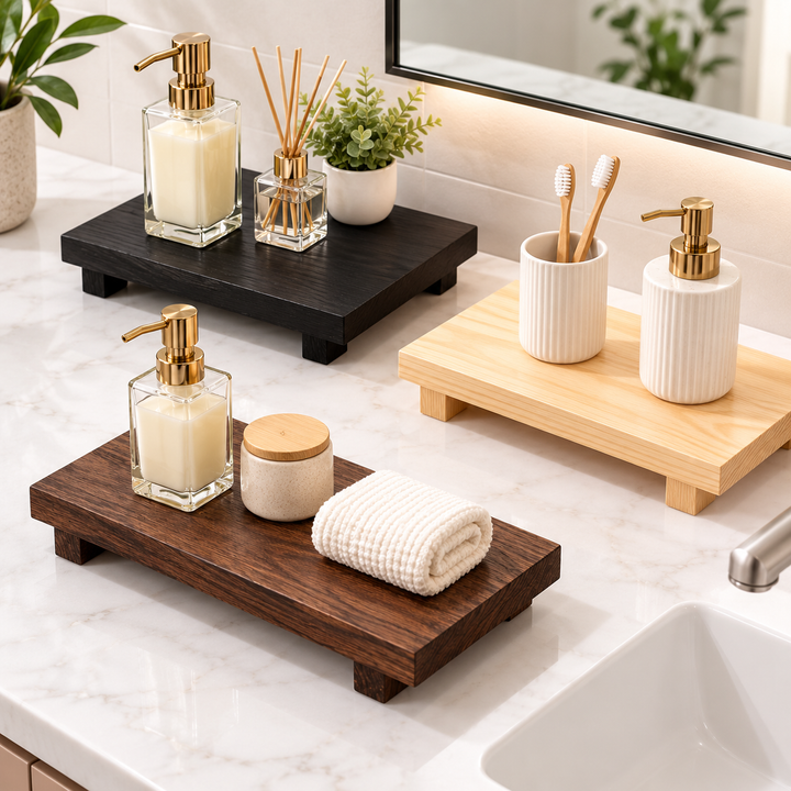 Elevated Solid Wood Bathroom Counter Tray Riser Bowlift