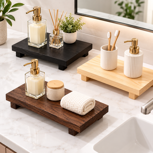 Elevated Solid Wood Bathroom Counter Tray Riser Bowlift