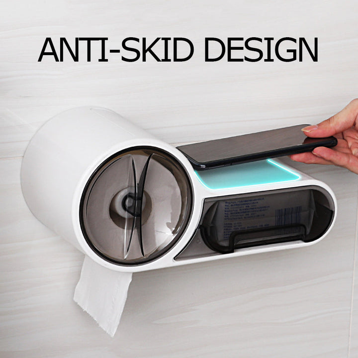 DroogHoud Self-Adhesive Toilet Paper Holder – Waterproof Wall Solution with Extra Storage Space | Bowlift