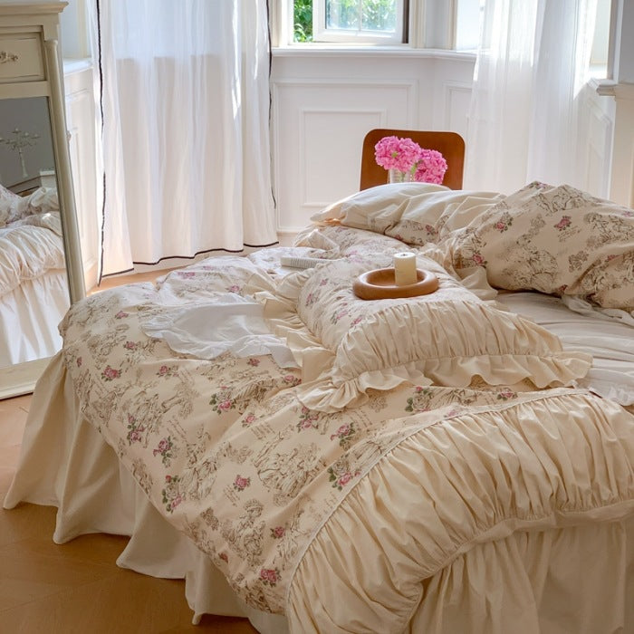 Vintage Bedding Set made of Cotton with Lace Trim