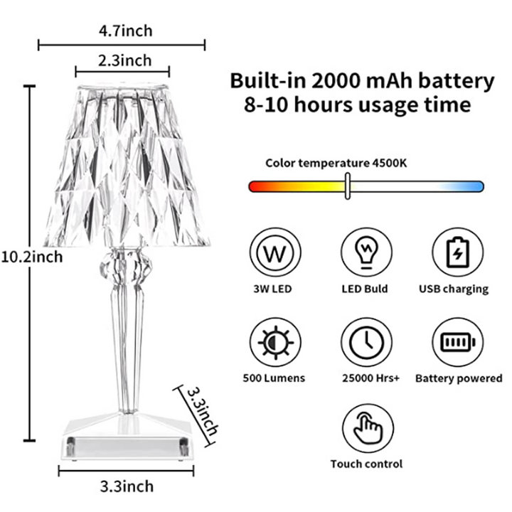 BowLift | CrystalGlow Touch lamp – Elegant Table Lamp with Touch Sensor and USB