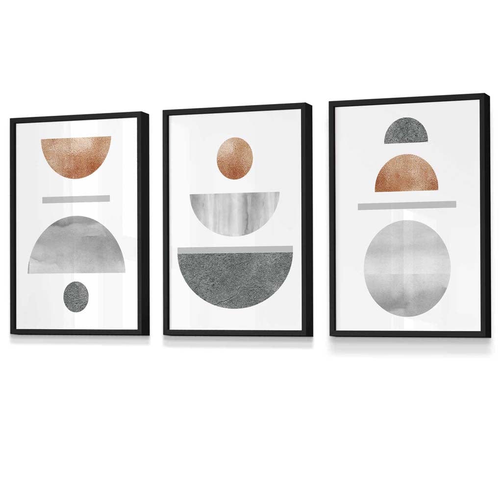 Copper and Gray Abstract Mid Century Geometric Set of 3 Framed Wall Art | Bowlift
