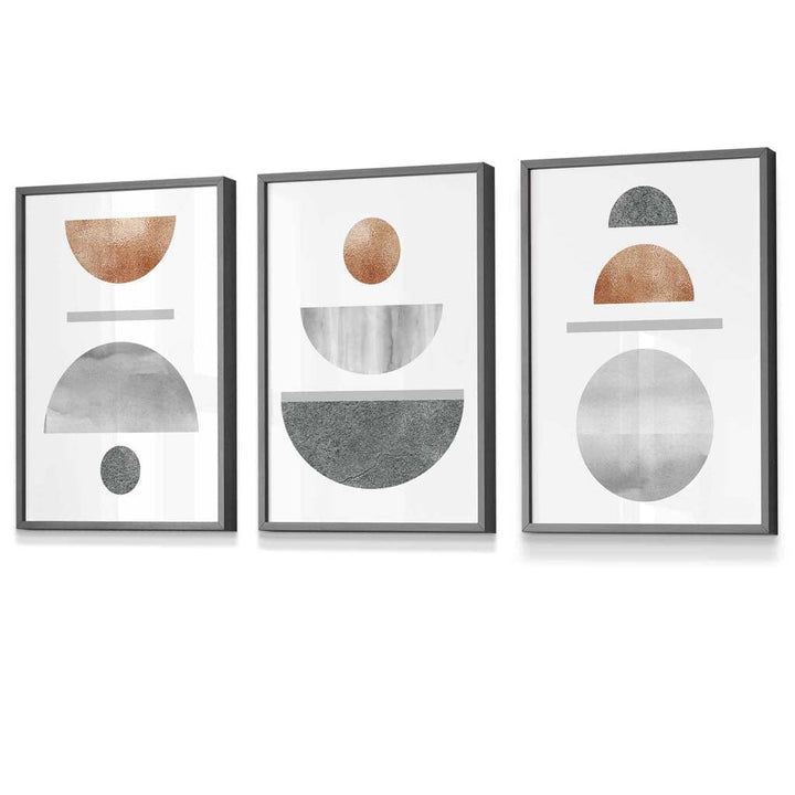 Copper and Gray Abstract Mid Century Geometric Set of 3 Framed Wall Art | Bowlift